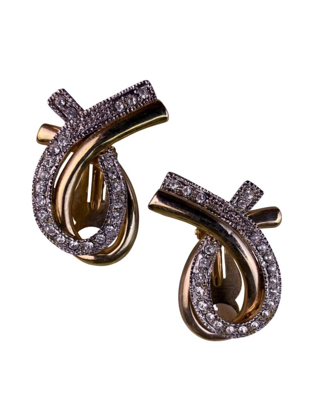 Vintage  Womens Gold Tone Rhinestone Ribbon Clip-On Earrings Elegant Style